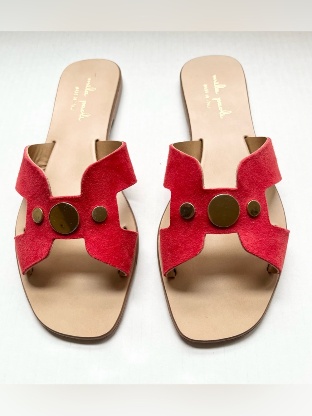 NWOT Mila Paoli Coral Red Suede Flat Slip On Sandals. Euro 48/US 8